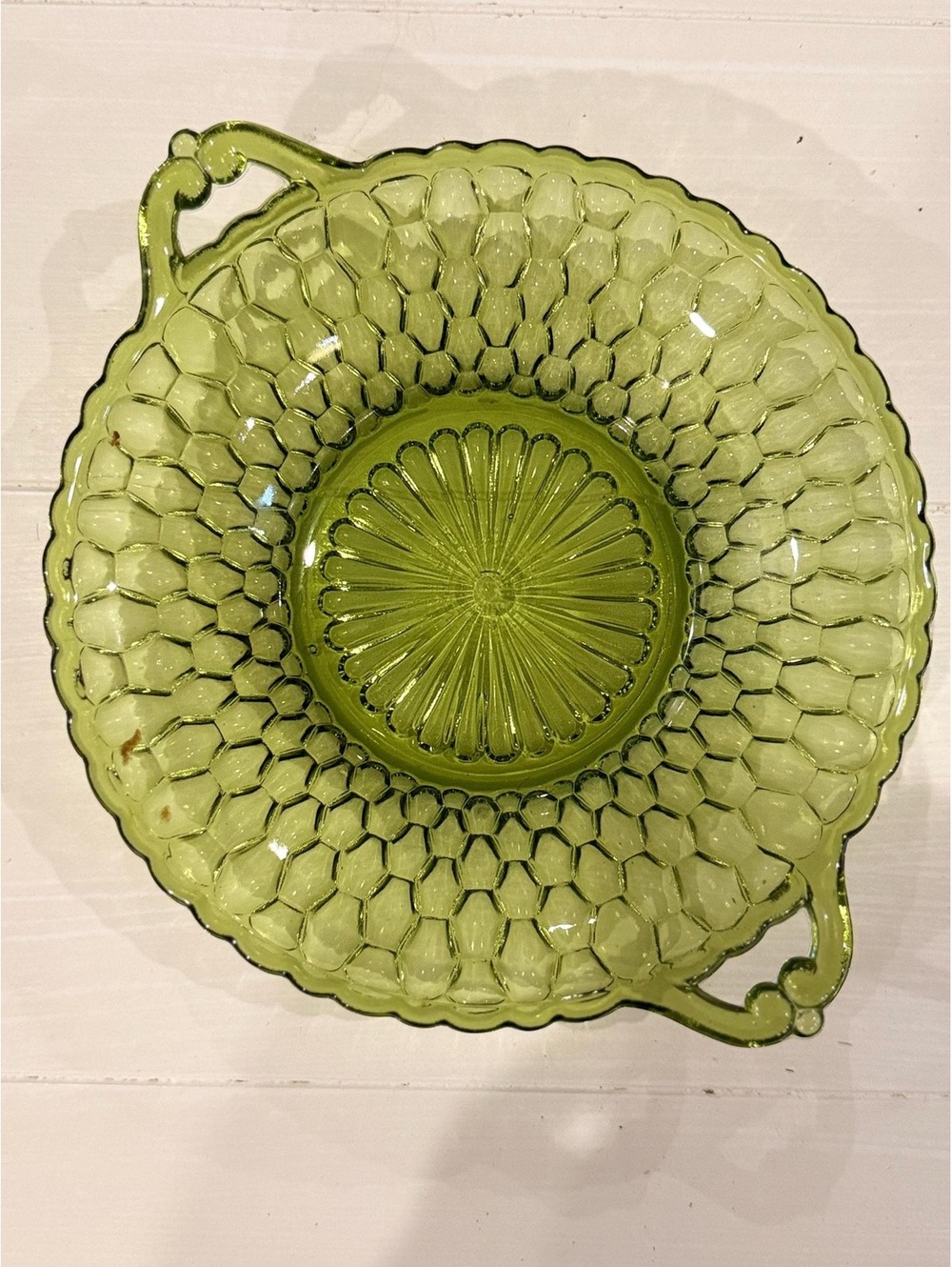 Vintage 1960’s Indiana Glass Avocado Green Relish Dish, Honeycomb Two-handled